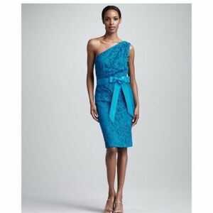 Tadashi Shoji one shoulder blue lace knee length dress size 8 NWT